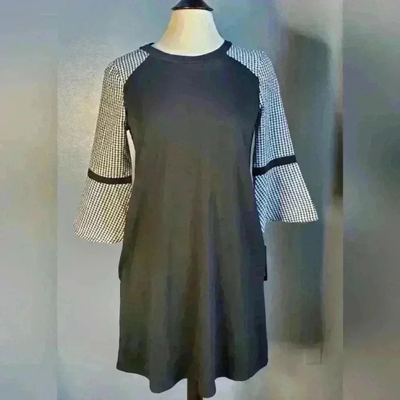 Nwt New Agb Dresses Black Gingham Bell Sleeve Knee Length Dress Sz S - Picture 1 of 11